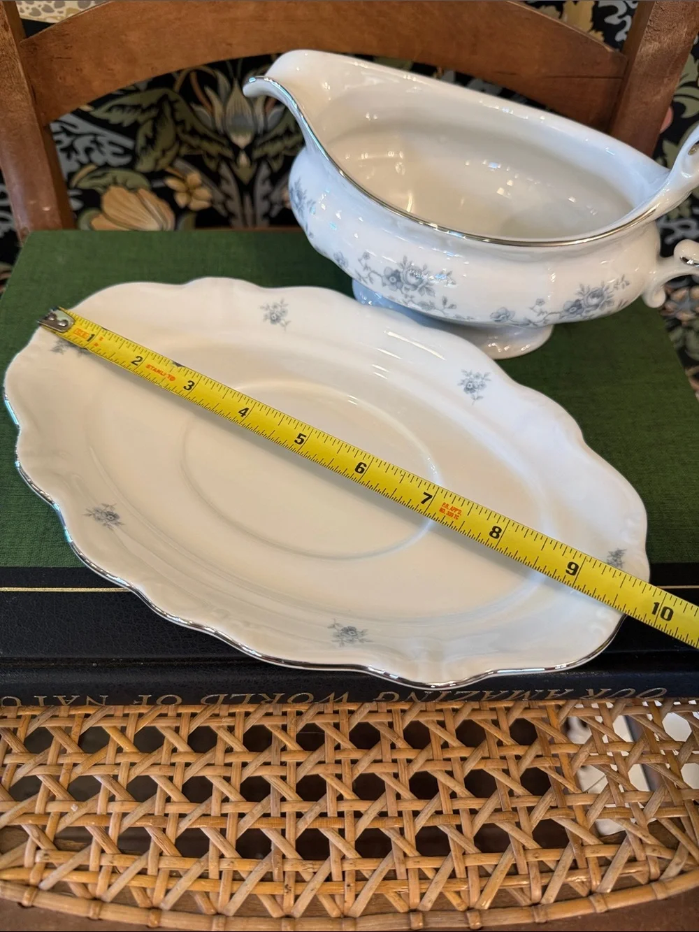 LARGE Johann Haviland Blue Garland Gravy Boat Platinum Trim Bavaria Germany